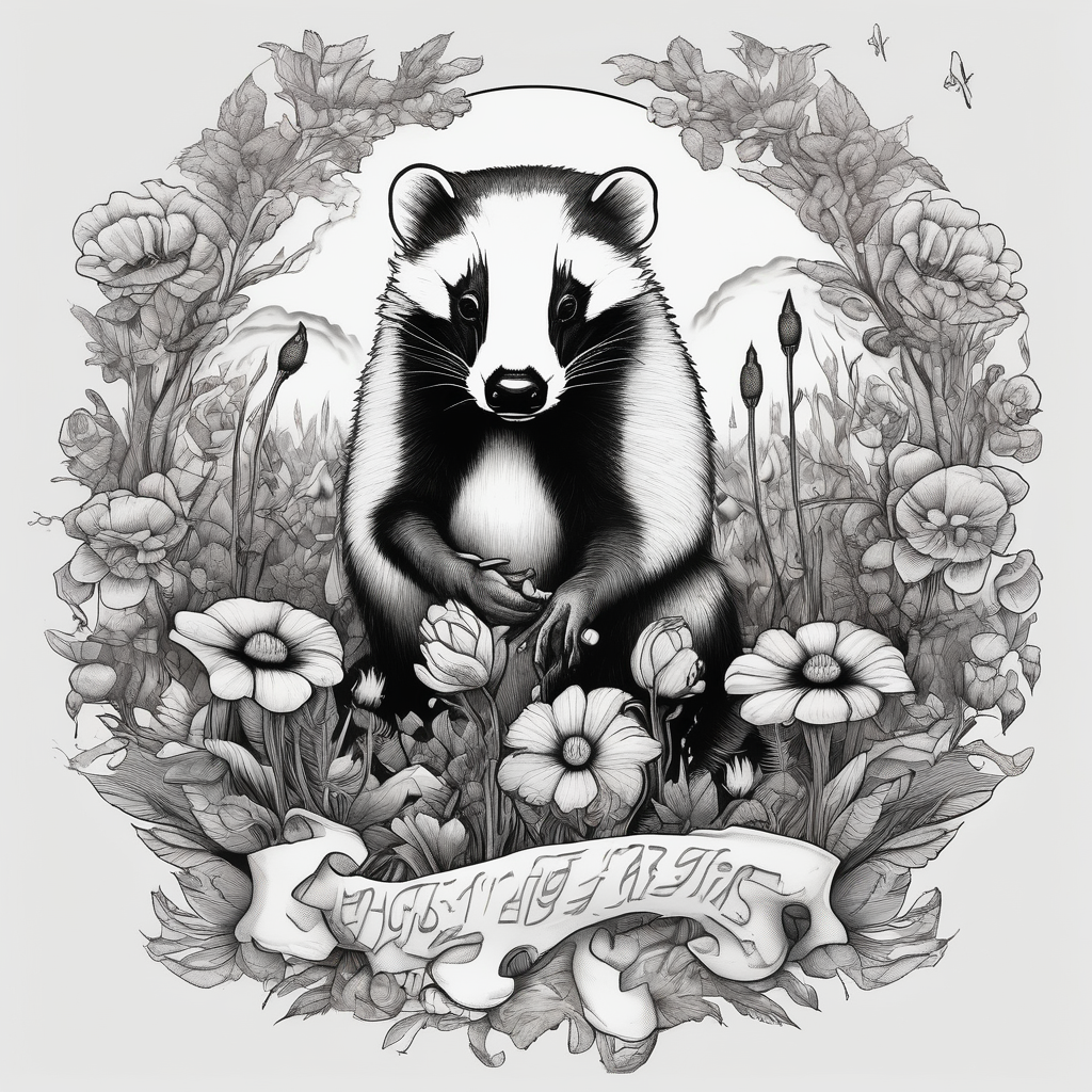 Trippy, pair of badger siblings in a field of flowers smoking a joint of-siblings, AI-generated Surreal tattoo design