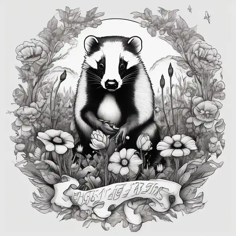 Trippy, pair of badger siblings in a field of flowers smoking a joint of-siblings