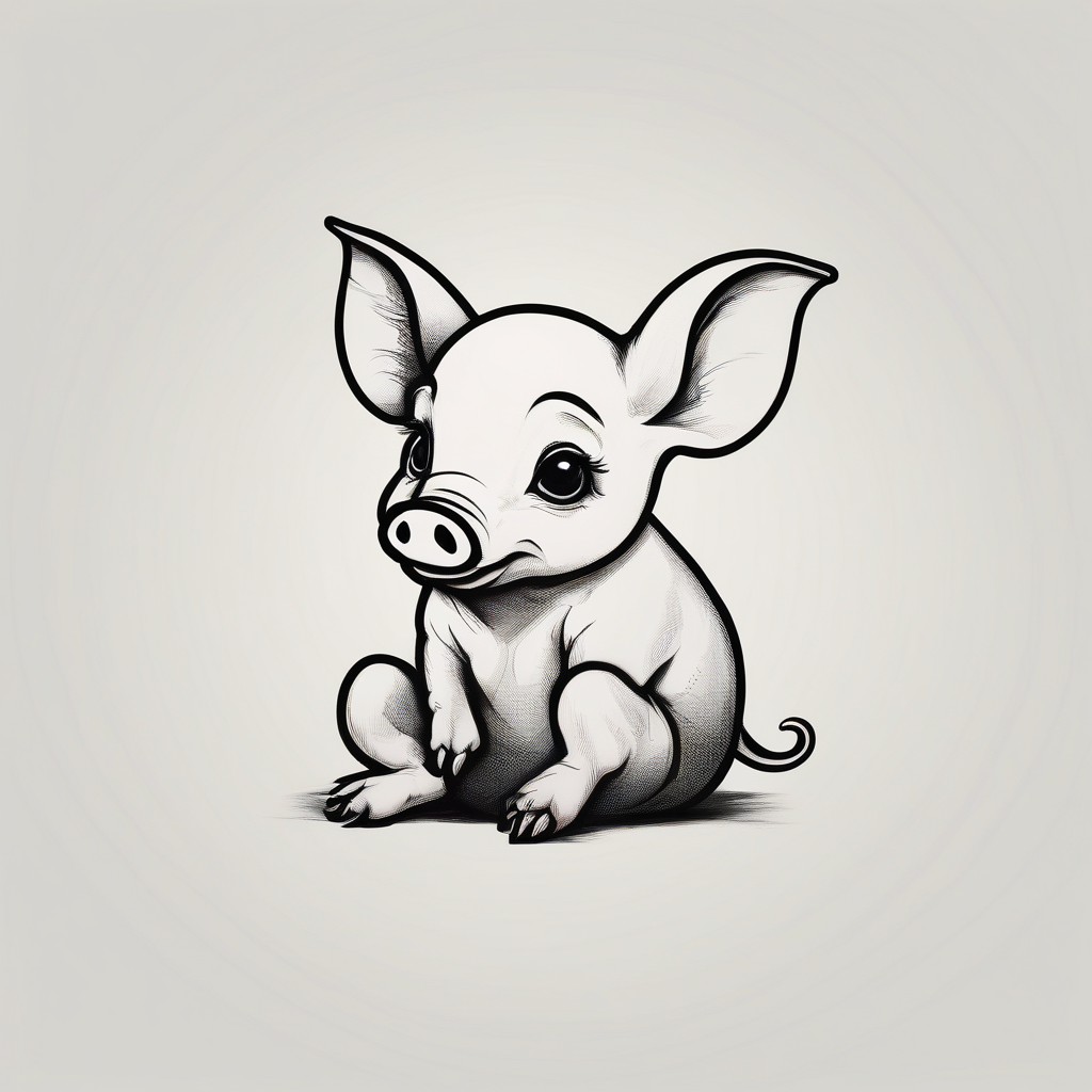 cute pig/piglet sitting on bum. big eyes, small/floppy ears. draw with very thin lines minimal shading, black and white only, with text "friends not food", white background on-bums, AI-generated Watercolor tattoo design