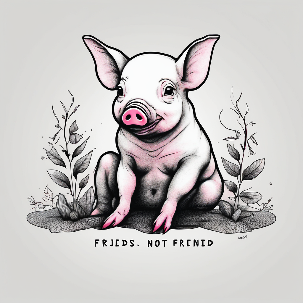 cute piglet sitting on bum. thin lines minimal shading, black and white only, with text "friends not food", white background on-bums, diseño de tatuaje Surrealista generado con IA
