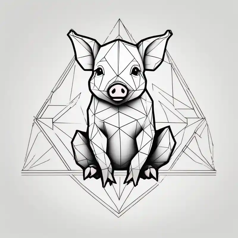 geometric style Cute Tattoo Ideas in 2025 about cute piglet sitting on bum. thin lines minimal shading and black and white only