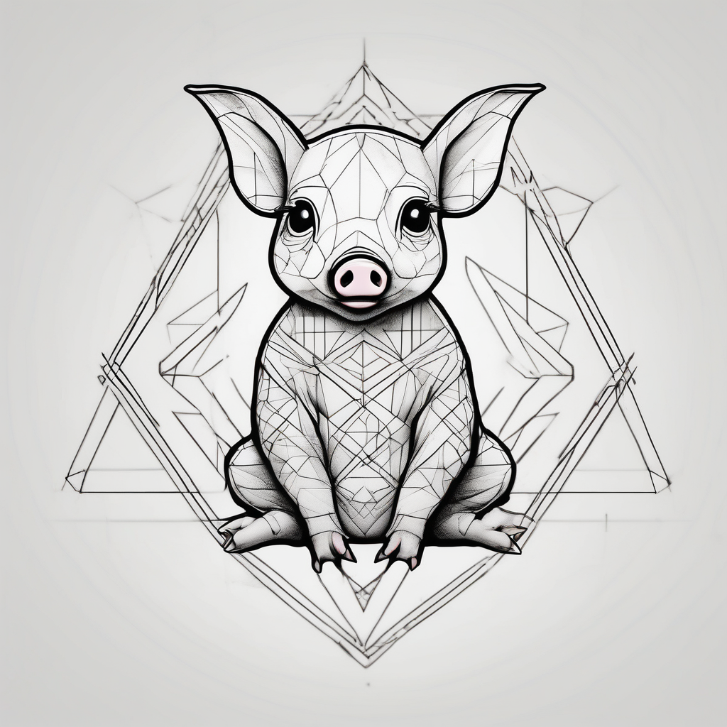cute pig/piglet sitting on bum. big eyes, small/floppy ears. draw with very thin lines minimal shading, black and white only, with text "friends not food", white background on-bums, AI-generated Geometric tattoo design