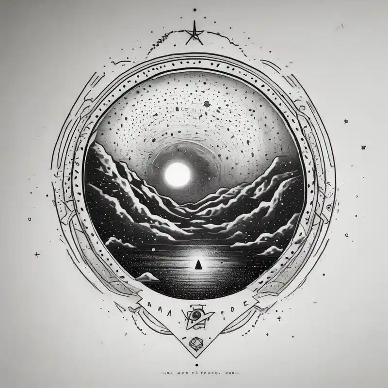Outer space themed tattoo incorporating the quote, "Made for another world" – Puntillismo, Colores vivos