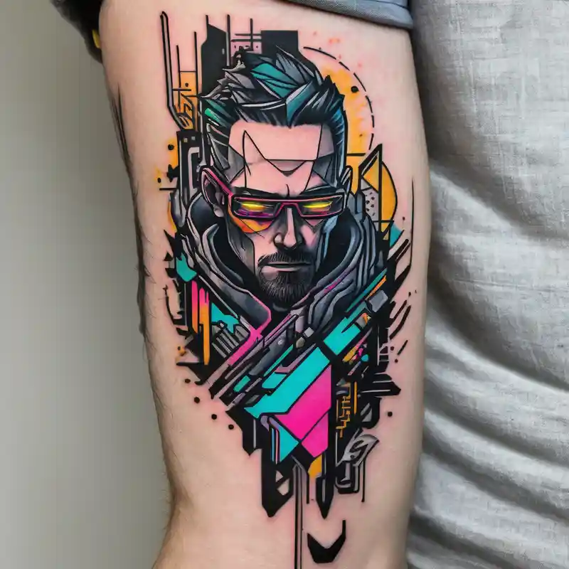 cyberpunk 2077, forearm tattoo, geometric, subtle, men, city skyline, bright colour, panam palmer – カートゥーン, カラフル