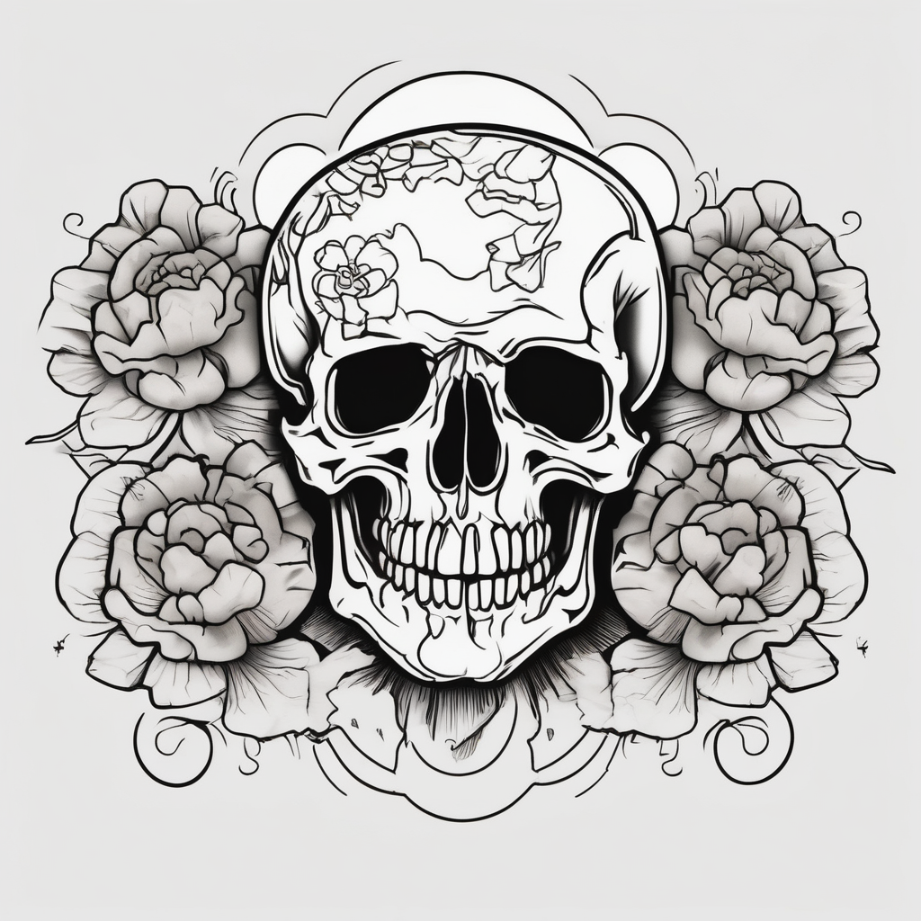 Left forearm tattoo of sunset and carnations on the outside of the forearm and on the inside there will be marigolds and a small skull outer-forearm-for-men, design de tatouage Cartoon généré par IA