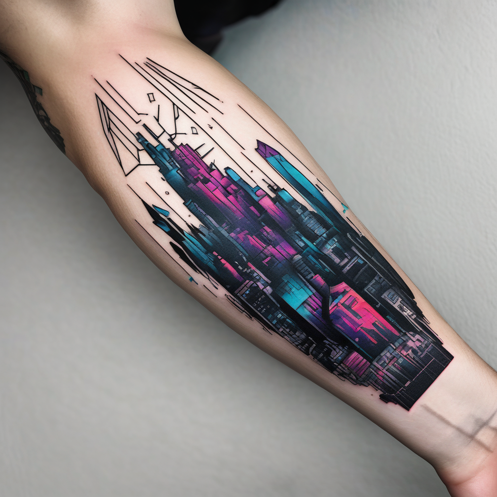 cyberpunk 2077, forearm tattoo, geometric, subtle, men, city skyline, bright colour, panam palmer outer-forearm-for-men(AIが生成したシュルレアリスムスタイルのタトゥーデザイン)
