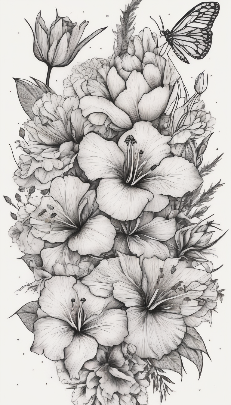 Verticle arm placement of dainty hibiscus, TULIPS, LILLIES, DRAGONflower, with wildflowers, poppy, bees, peony, forearm outer-forearm-for-men(AIが生成したブラックワークスタイルのタトゥーデザイン)