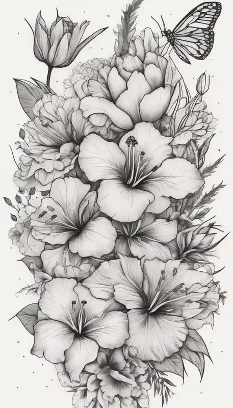 Verticle arm placement of dainty hibiscus, TULIPS, LILLIES, DRAGONflower, with wildflowers, poppy, bees, peony, forearm – ブラックワーク, 白黒