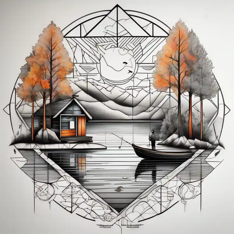 forearm tattoo set on a lake. At the bottom of the tattoo there is a boat dock with a little boy fishing and a little girl – ジオメトリック, カラフル