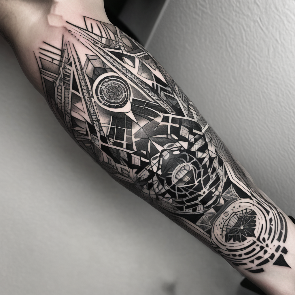 psychedelic, forearm tattoo, geometric, subtle, men, outer-forearm-for-men(AIが生成した白黒スタイルのタトゥーデザイン)