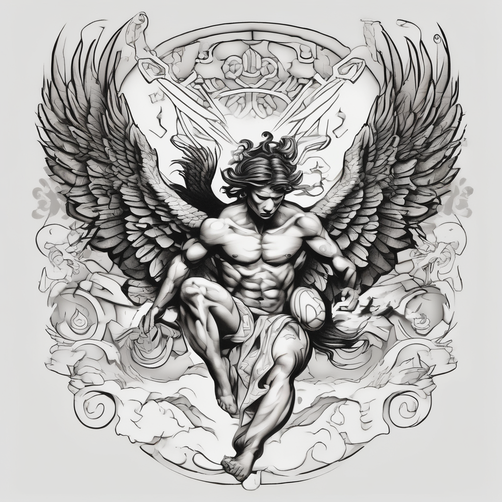 I like tattoos of the falling angel, moreover tattoos related to asiatic culture and Greek mixology. The tattoo is for a men and will be place it in the chest outer-forearm-for-men, design de tatouage Old school généré par IA