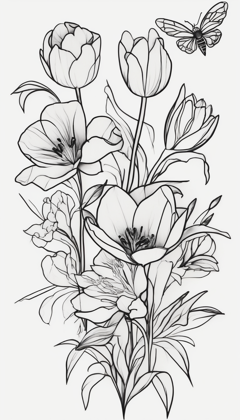 Verticle arm placement of dainty TULIPS, LILLIES, DRAGONflower, poppy, bees, peony, forearm outer-forearm-for-men(AIが生成したミニマルスタイルのタトゥーデザイン)