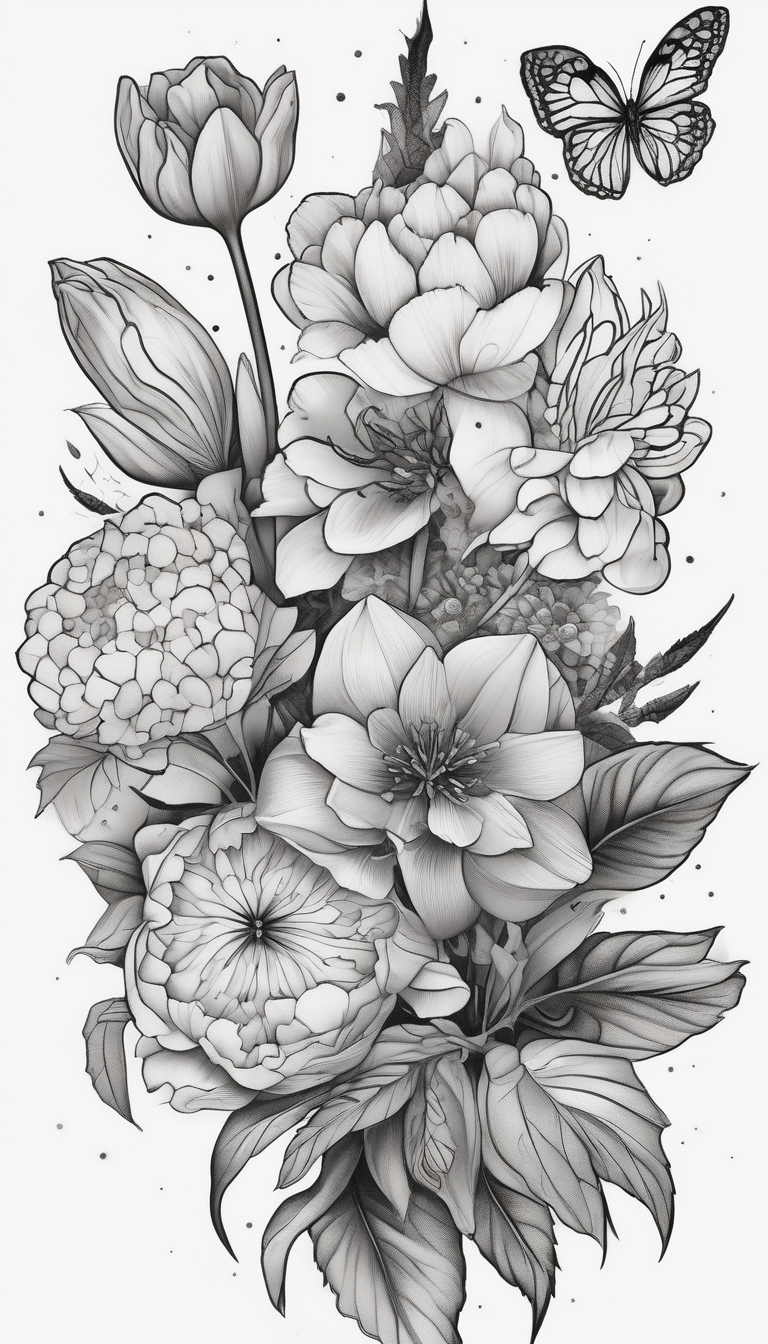 Verticle arm placement of HydrANGEAS, TULIPS, LILLIES, DRAGONflower, with wildflowers, poppy, complimentary flowers, bees, peony, forearm outer-forearm-for-men, design de tatouage Dotwork généré par IA