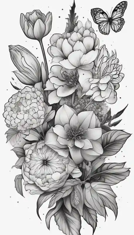 Verticle arm placement of HydrANGEAS, TULIPS, LILLIES, DRAGONflower, with wildflowers, poppy, complimentary flowers, bees – Dotwork, Noir et blanc