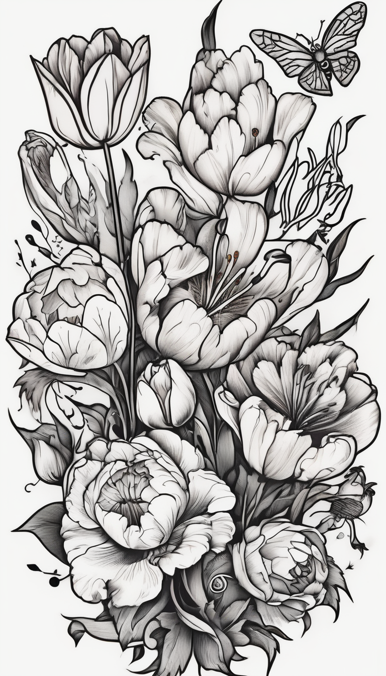 Verticle arm placement of dainty TULIPS, LILLIES, DRAGONflower, poppy, bees, peony, forearm outer-forearm-for-men(AIが生成したオールドスクールスタイルのタトゥーデザイン)