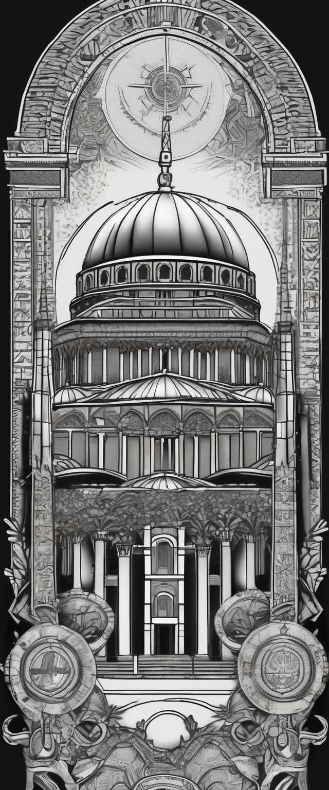 Crate a forearm tattoo. Theme is the byzantine empire. Include byzantine iconography, hagia Sophia, Constantinople, famous emperors like justinian, Constantine. outer-forearm-for-men(AIが生成したブラックワークスタイルのタトゥーデザイン)