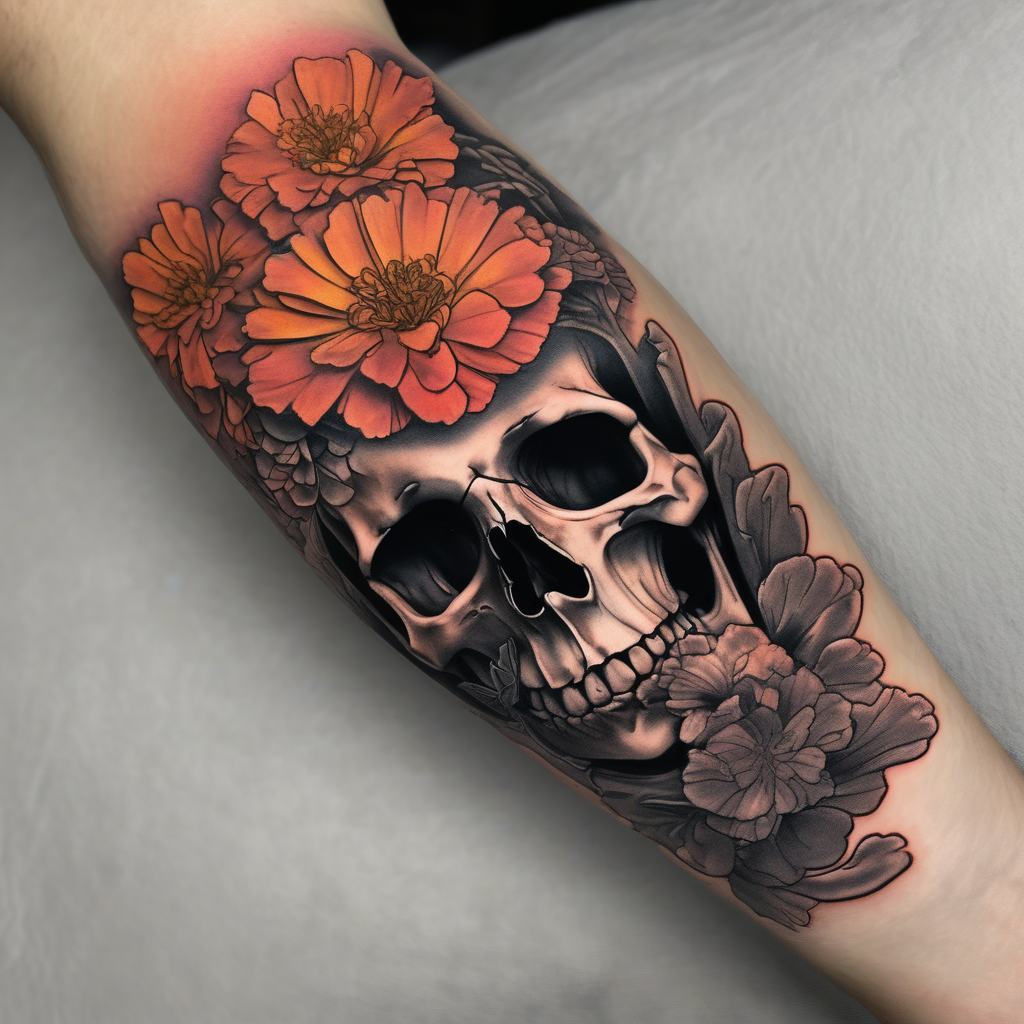 Left forearm tattoo of sunset and carnations on the outside of the forearm and on the inside there will be marigolds and a small skull outer-forearm-for-men, design de tatouage Réaliste généré par IA