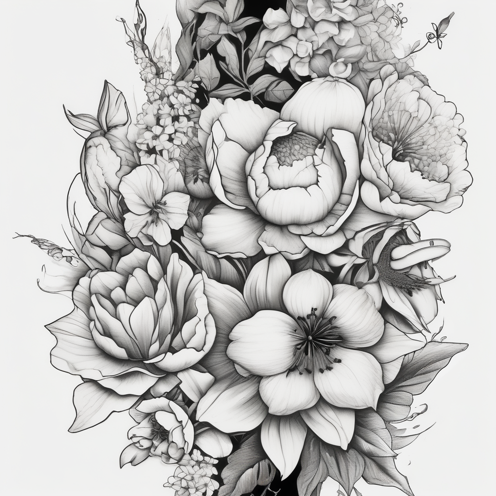 Verticle arm placement of HydrANGEAS, TULIPS, LILLIES, DRAGONflower, with wildflowers, poppy, complimentary flowers, bees, peony, forearm outer-forearm-for-men, design de tatouage Surréaliste généré par IA