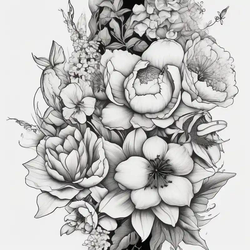Verticle arm placement of HydrANGEAS, TULIPS, LILLIES, DRAGONflower, with wildflowers, poppy, complimentary flowers, bees