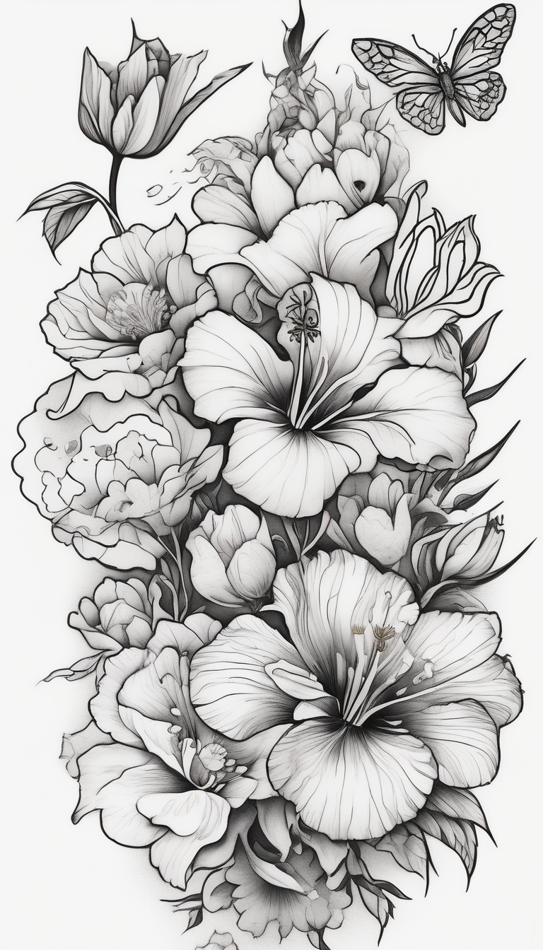 Verticle arm placement of dainty hibiscus, TULIPS, LILLIES, DRAGONflower, with wildflowers, poppy, bees, peony, forearm outer-forearm-for-men(AIが生成した和彫りスタイルのタトゥーデザイン)