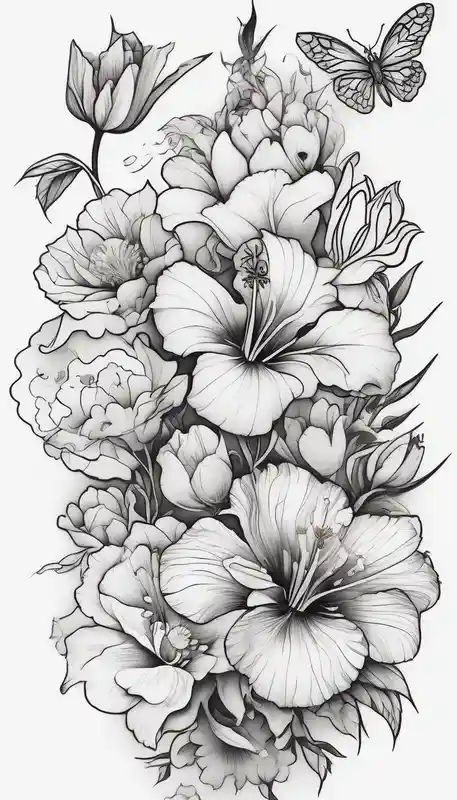 Verticle arm placement of dainty hibiscus, TULIPS, LILLIES, DRAGONflower, with wildflowers, poppy, bees, peony, forearm