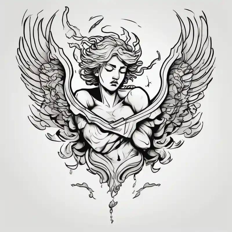 I like tattoos of the falling angel, moreover tattoos related to asiatic culture and Greek mixology. The tattoo is for a men – Cartoon, Noir et blanc