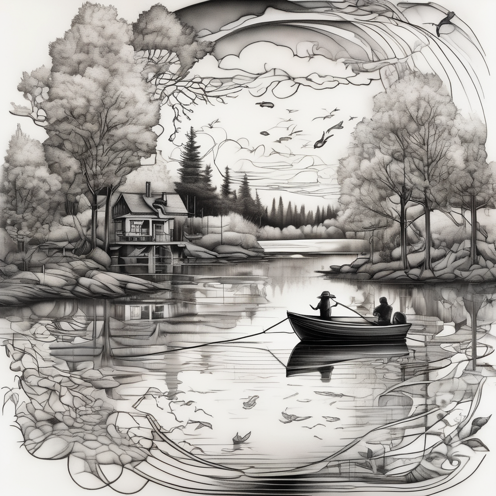 forearm tattoo set on a lake. At the bottom of the tattoo there is a boat dock with a little boy fishing and a little girl reading. There are trees surrounding the lake. It is set in fall outer-forearm-for-men(AIが生成したシュルレアリスムスタイルのタトゥーデザイン)