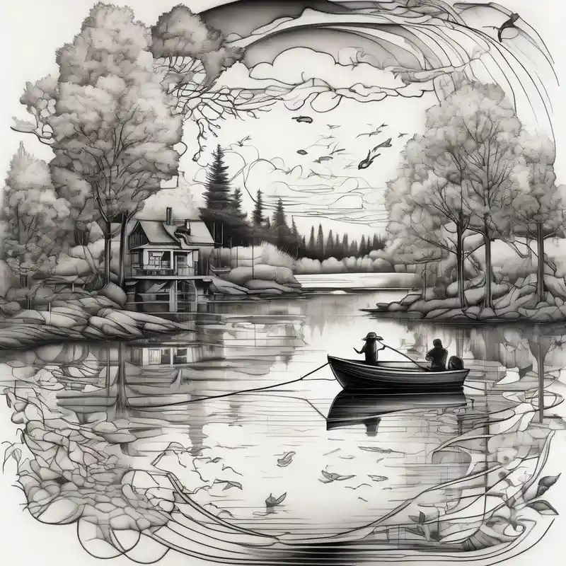 forearm tattoo set on a lake. At the bottom of the tattoo there is a boat dock with a little boy fishing and a little girl