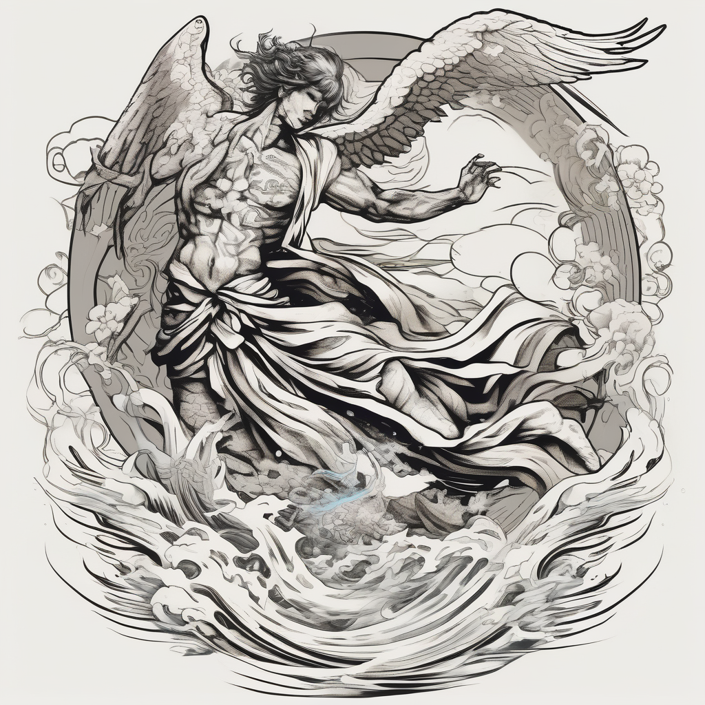 A falling greek men angel in the sea with the sun and all related to an asiatic culture and the anime Tokyo Ghoul outer-forearm-for-men, design de tatouage Japonais généré par IA