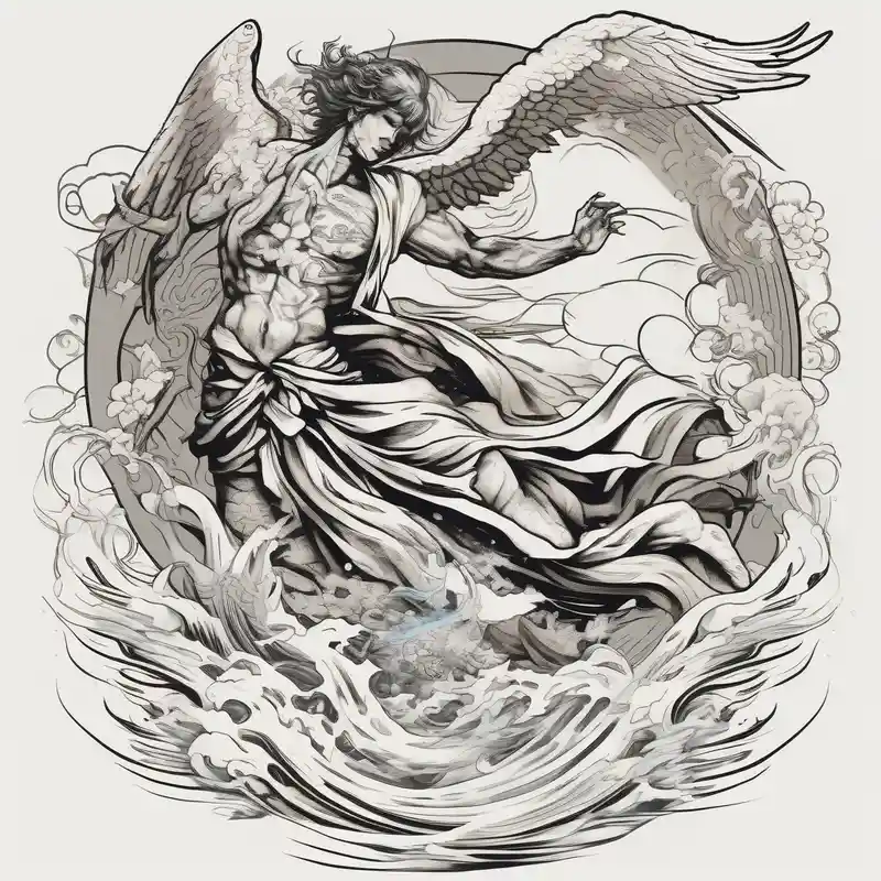 A falling greek men angel in the sea with the sun and all related to an asiatic culture and the anime Tokyo Ghoul