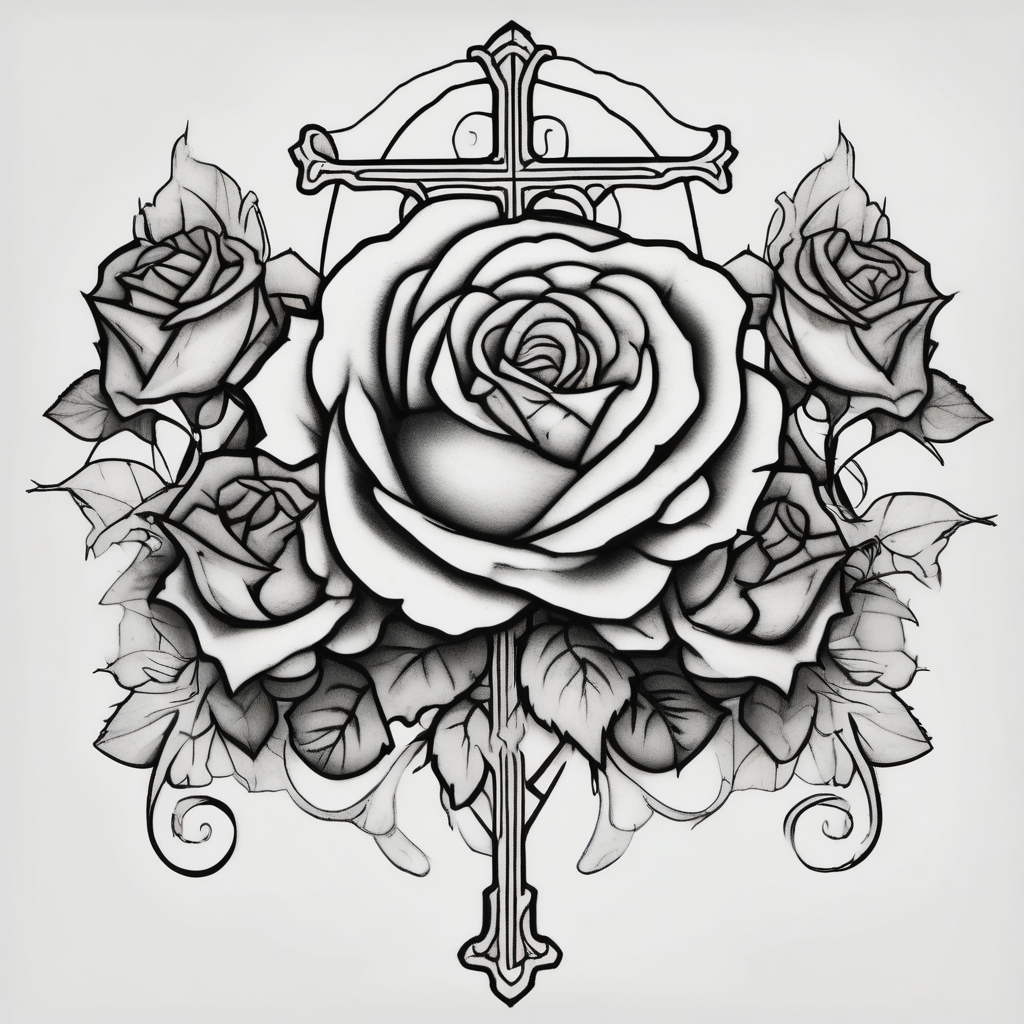 Roses, with a cross outline in the middle outlines, diseño de tatuaje Blackwork generado con IA