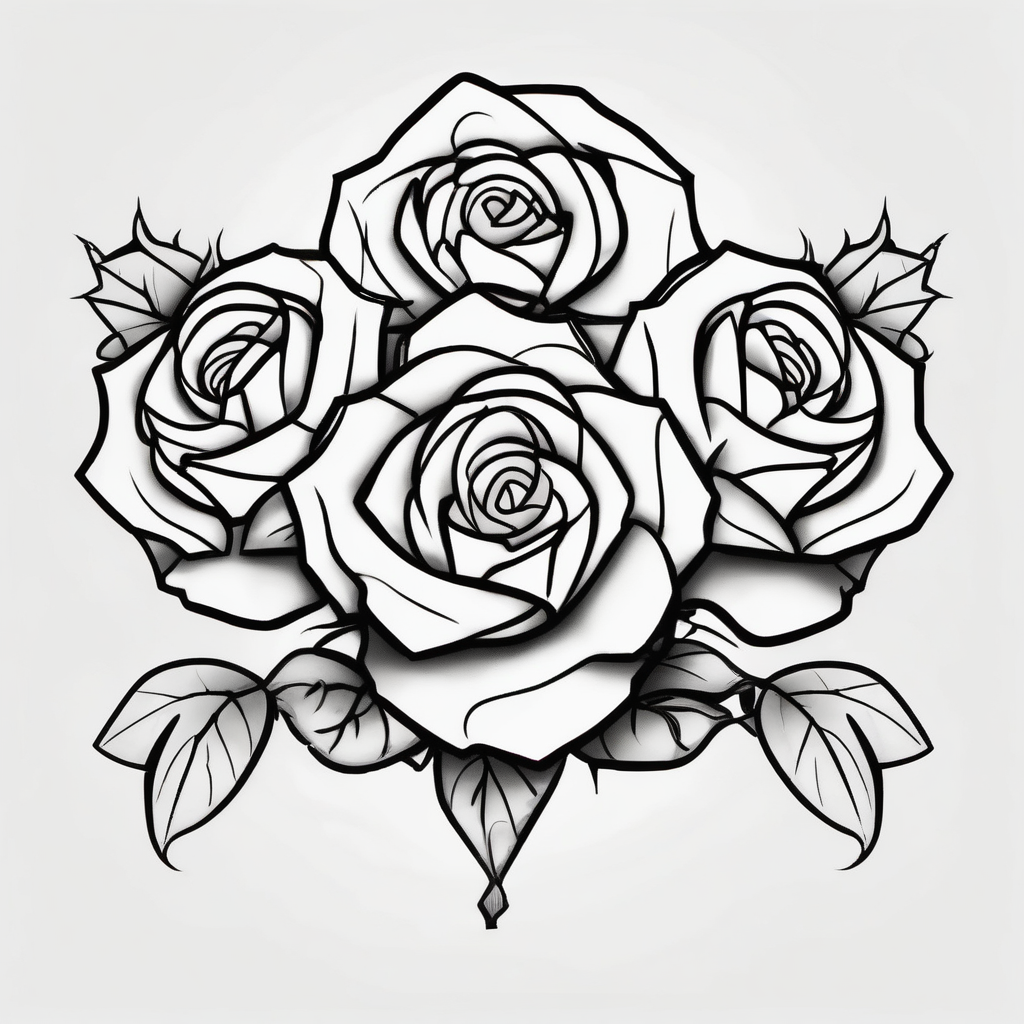 Three Big roses, with a cross outline in the middle outlines, diseño de tatuaje Cartoon generado con IA