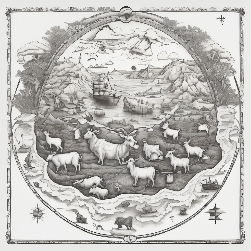 Noah's ark with a badger, a goat and a reindeer inside the outlines of Map of Mallorca, design de tatouage Surréaliste généré par IA