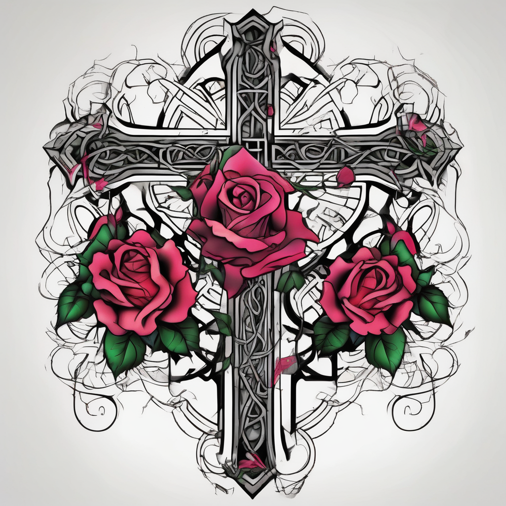 Roses, with a cross outline in the middle outlines, diseño de tatuaje Surrealista generado con IA