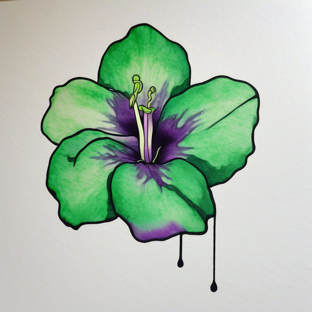 An outline of an only green rio dipladenia flower and a green and purple watercolor splash in the background outlines, diseño de tatuaje Minimalista generado con IA