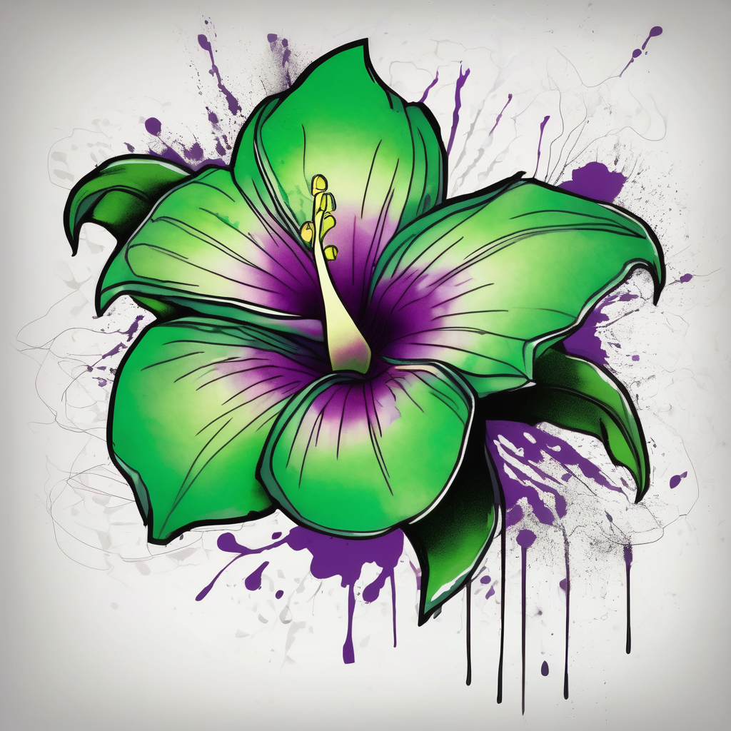 An outline of an only green rio dipladenia flower and a green and purple watercolor splash in the background outlines, diseño de tatuaje Blanco y negro generado con IA