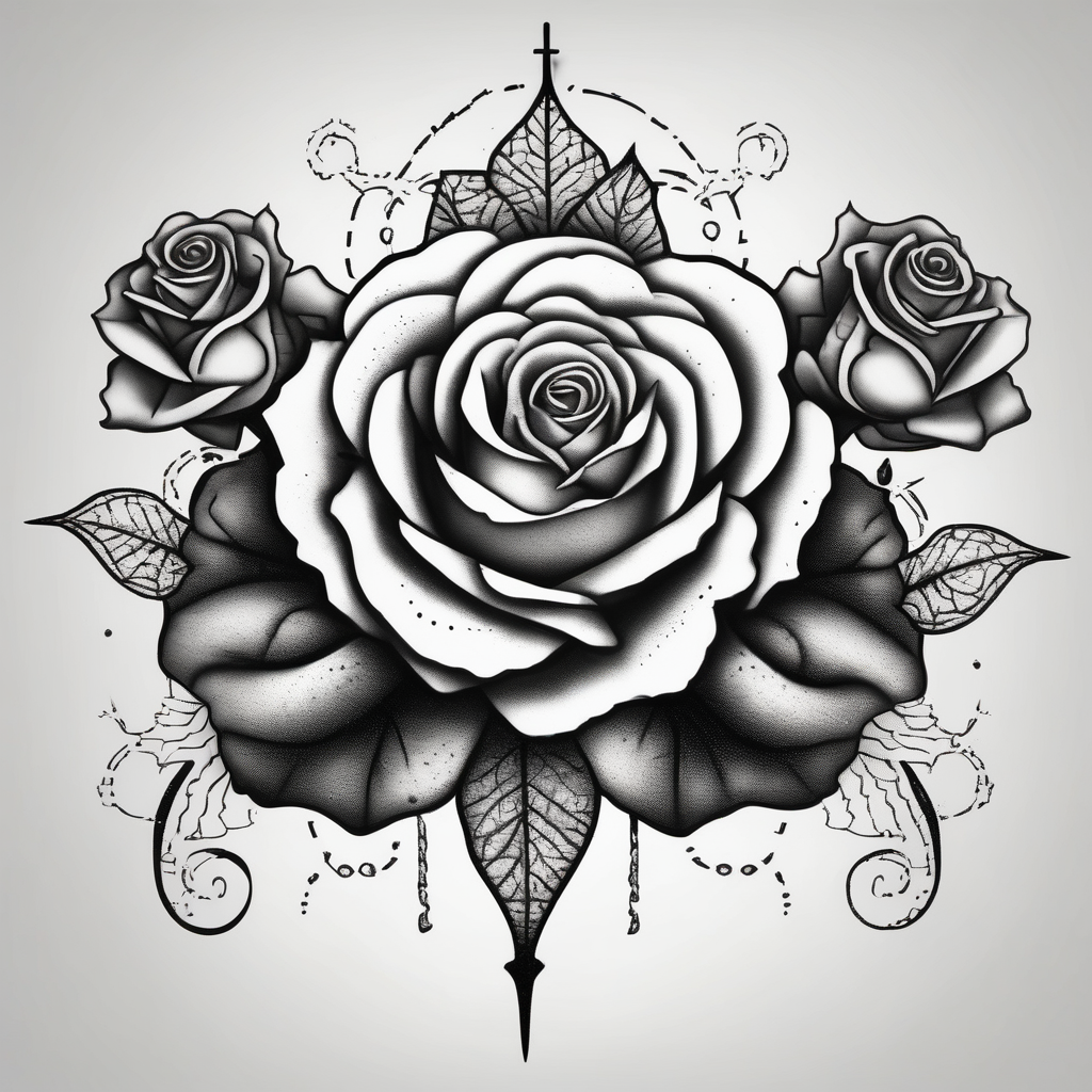 Three Big roses, with a cross outline in the middle outlines, diseño de tatuaje Dotwork generado con IA