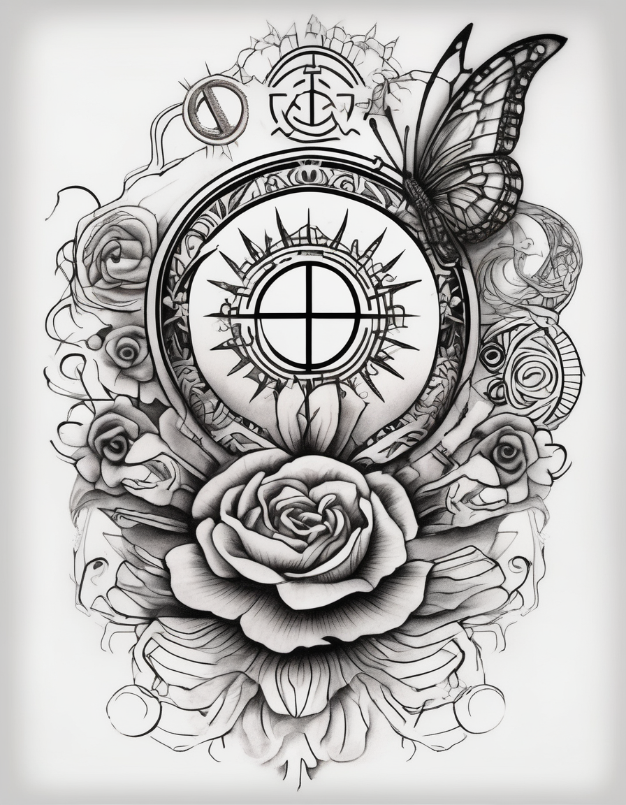 badass height x width ratio tattoo arm sleeve with spiritual meaning using symbols with thick designs, flowers, butterflies, peace symbols, sun and moon, strength symbol owl-meaning, diseño de tatuaje Boceto generado con IA