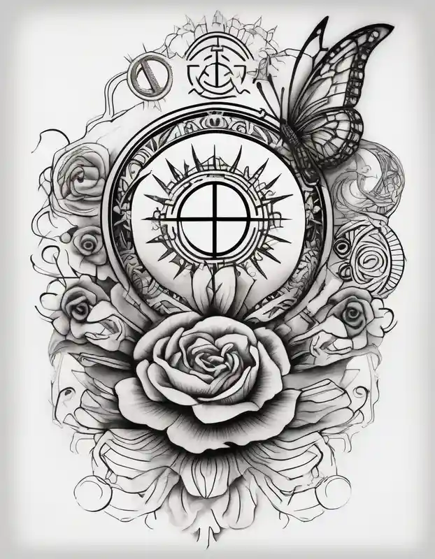 badass height x width ratio tattoo arm sleeve with spiritual meaning using symbols with thick designs, flowers, butterflies
