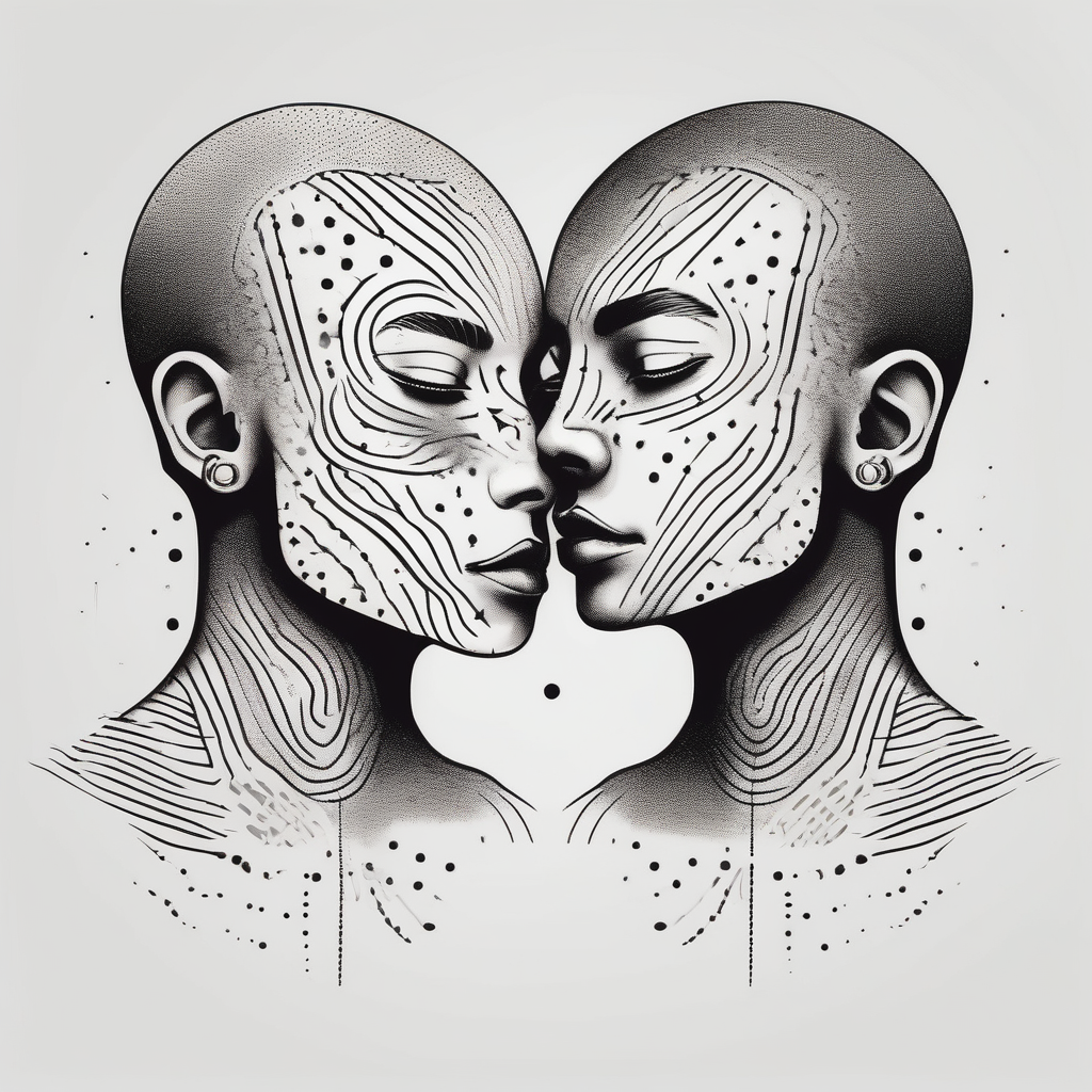 Minimal flash tattoo of two people that illustrates the meaning of the word SONDER owl-meaning, AI-generated Dotwork tattoo design