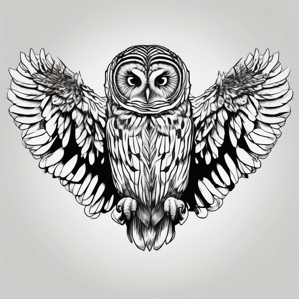 barred owl wings outstretched(AIが生成したカートゥーンスタイルのタトゥーデザイン)