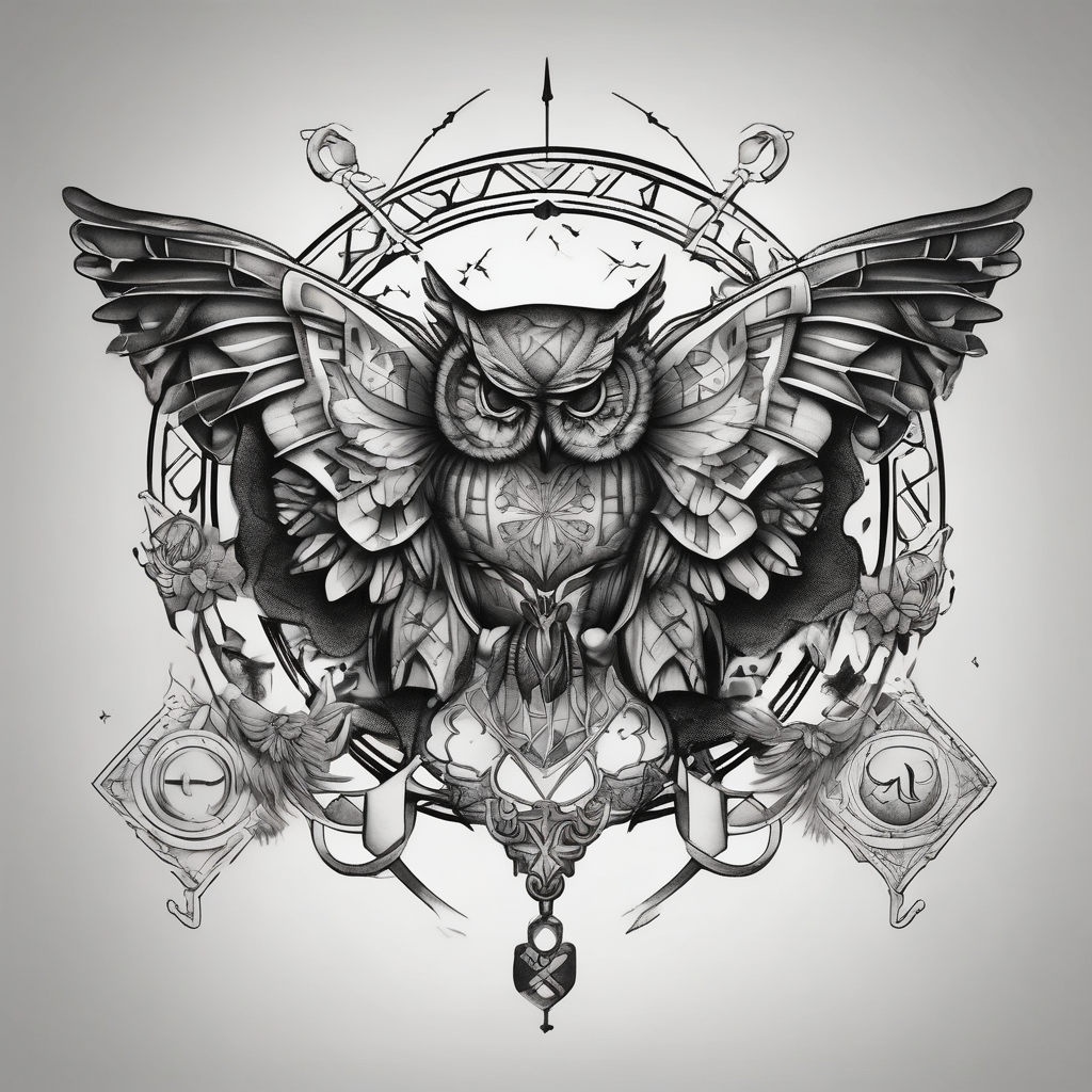 Sagittarius zodiac with butterfly and owl(AIが生成した白黒スタイルのタトゥーデザイン)
