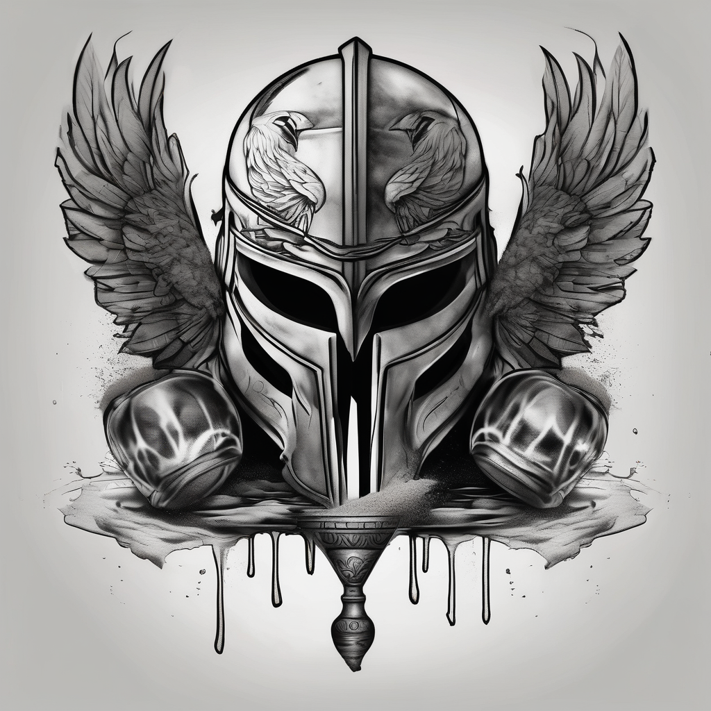 Create a faceless Spartan warrior helmet image with weight and below with a flying owl holding an old wine goblet and an hourglass with sand falling from it.(AIが生成した白黒スタイルのタトゥーデザイン)