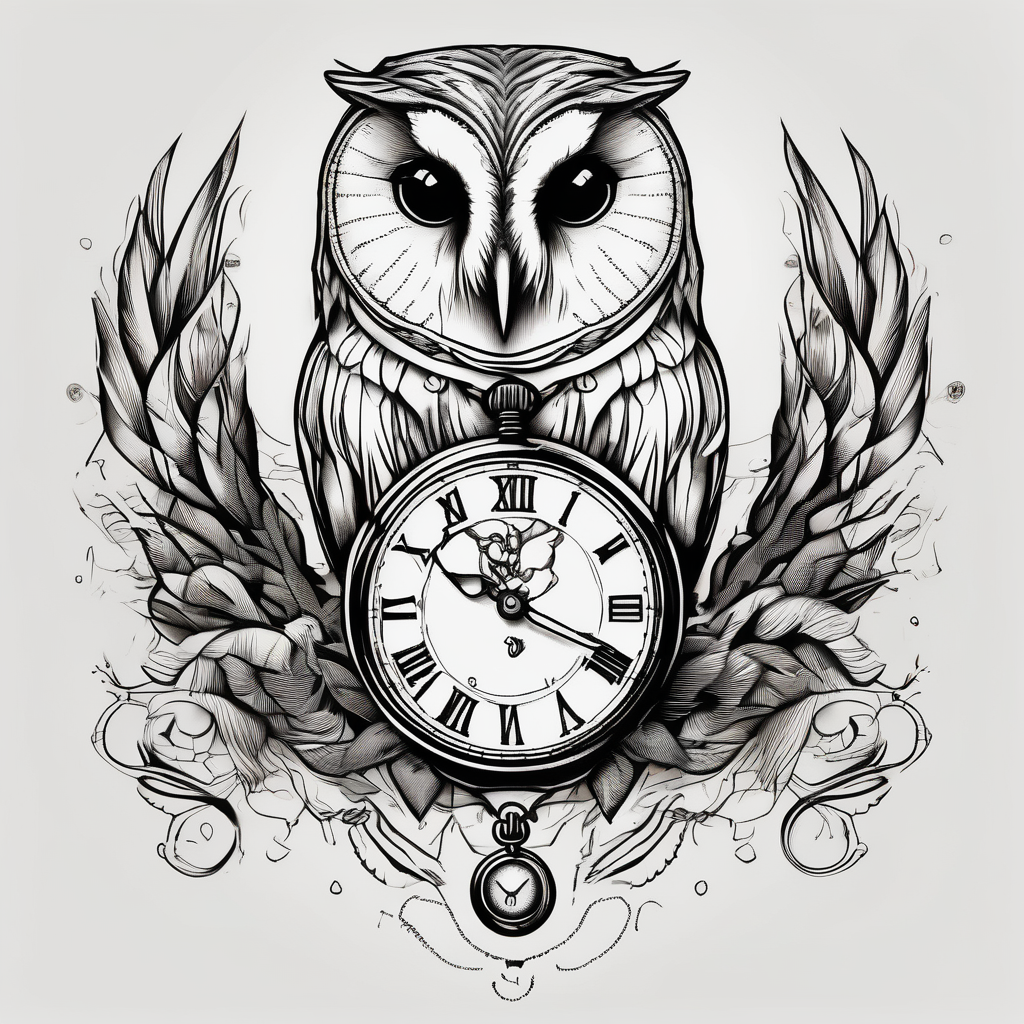 Barn owl holding a pocket watch with the time set at 1:43(AIが生成したブラックワークスタイルのタトゥーデザイン)