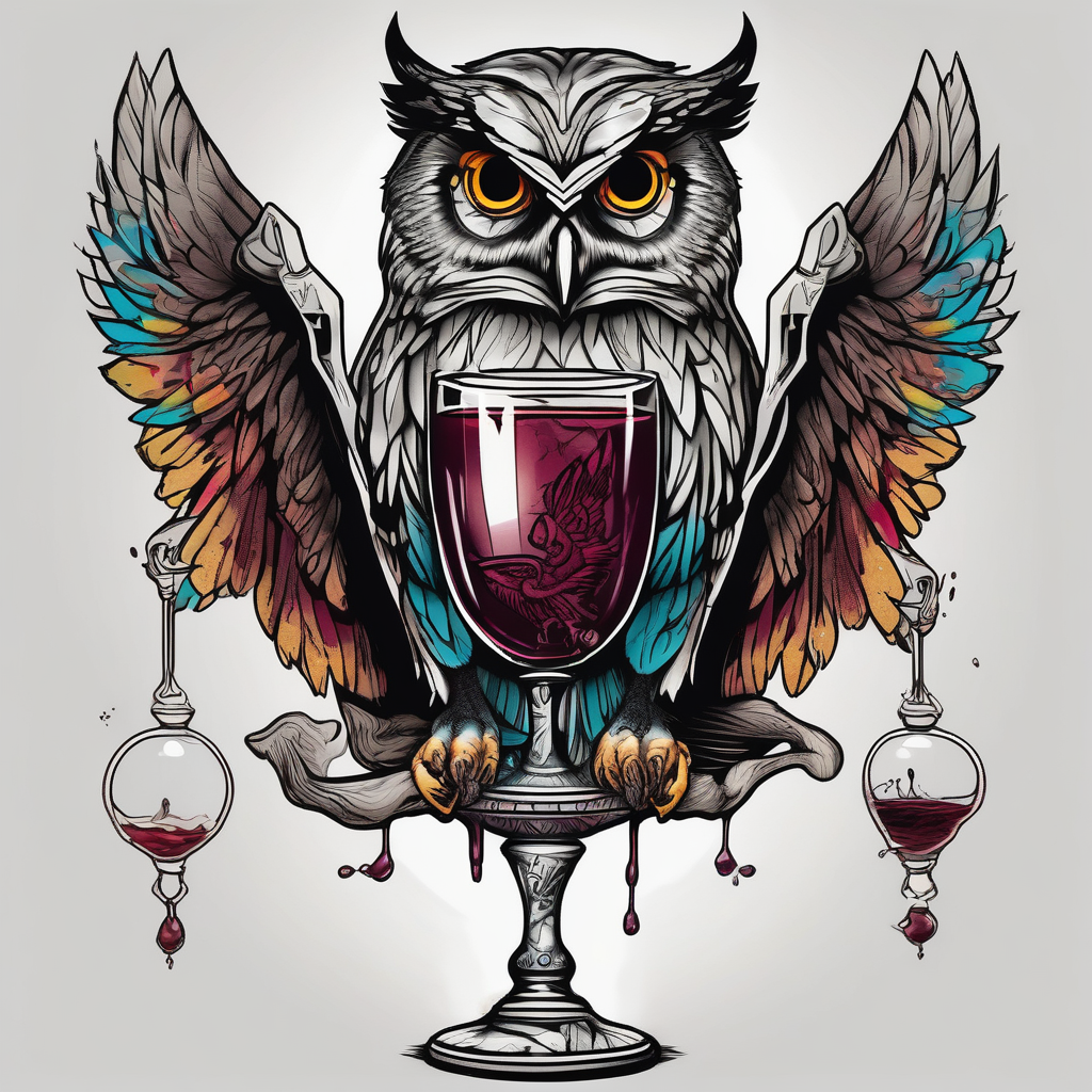 Create a flying owl holding an old wine goblet and an hourglass(AIが生成したスケッチスタイルのタトゥーデザイン)