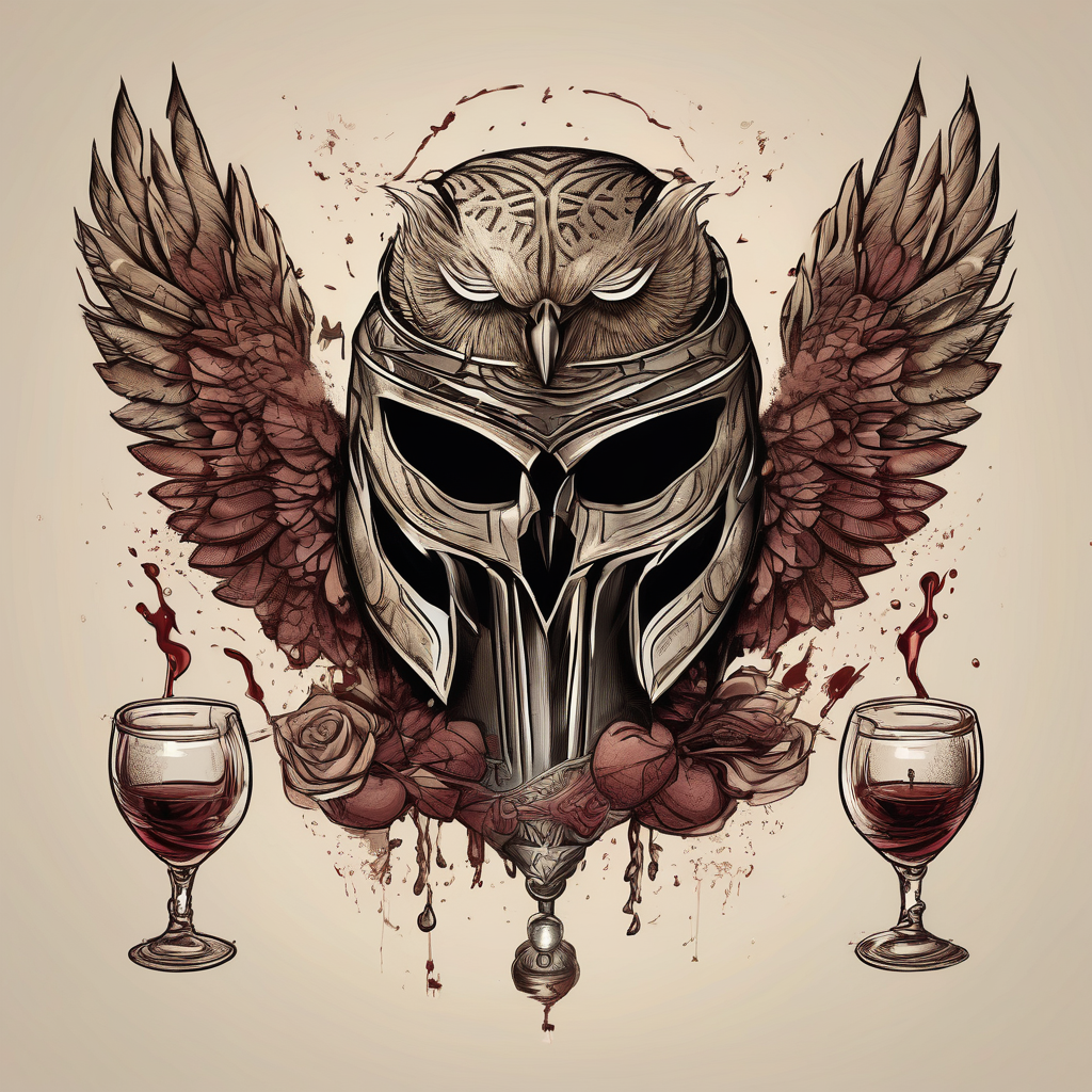 Create a faceless Spartan warrior helmet image with weight and below with a flying owl holding an old wine goblet and an hourglass with sand falling from it.(AIが生成したシュルレアリスムスタイルのタトゥーデザイン)