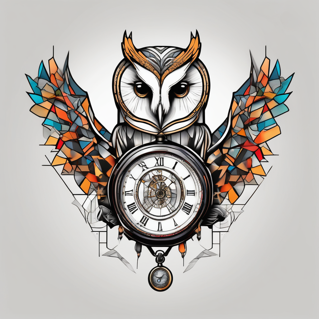 Barn owl holding a pocket watch with the time set at 1:43(AIが生成したジオメトリックスタイルのタトゥーデザイン)