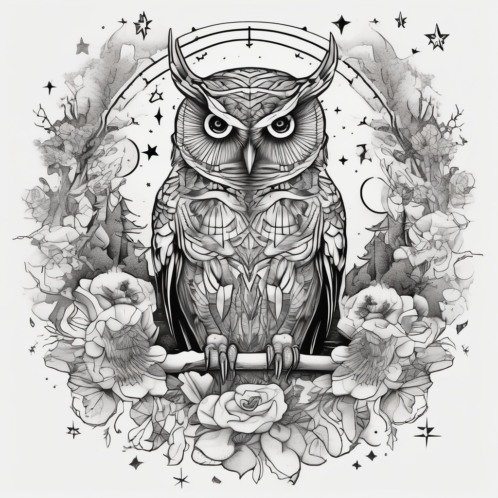 Winter sky, flowers, owls, stars,, AI-generated Surreal tattoo design