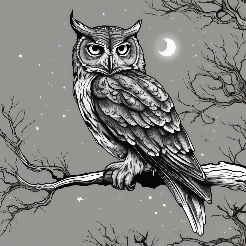 wise owl perched on ancient oak branch under starlit sky(AIが生成した白黒スタイルのタトゥーデザイン)