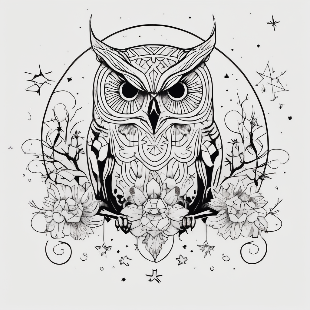 Winter sky, flowers, owls, stars,, diseño de tatuaje Minimalista generado con IA